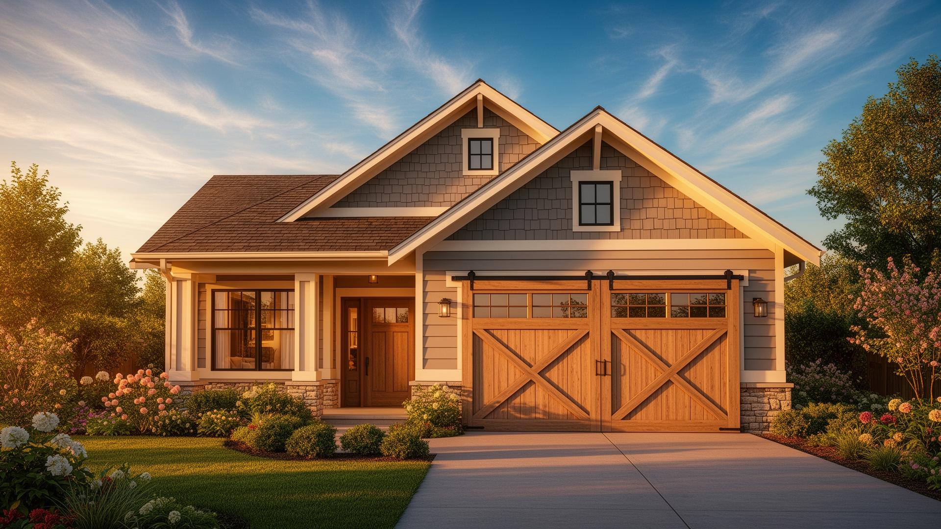 Beautiful craftsman home with farmhouse barn-style garage doors featuring X-pattern design